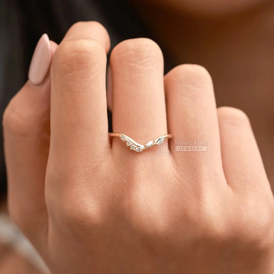 14K Gold Marquise Diamond Curved Wedding Band - Riant Fine Jewelry