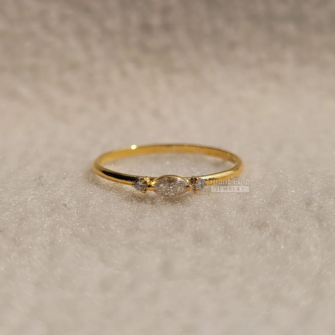 14K Gold Marquise Diamond Three Stone Dainty Ring - Riant Fine Jewelry