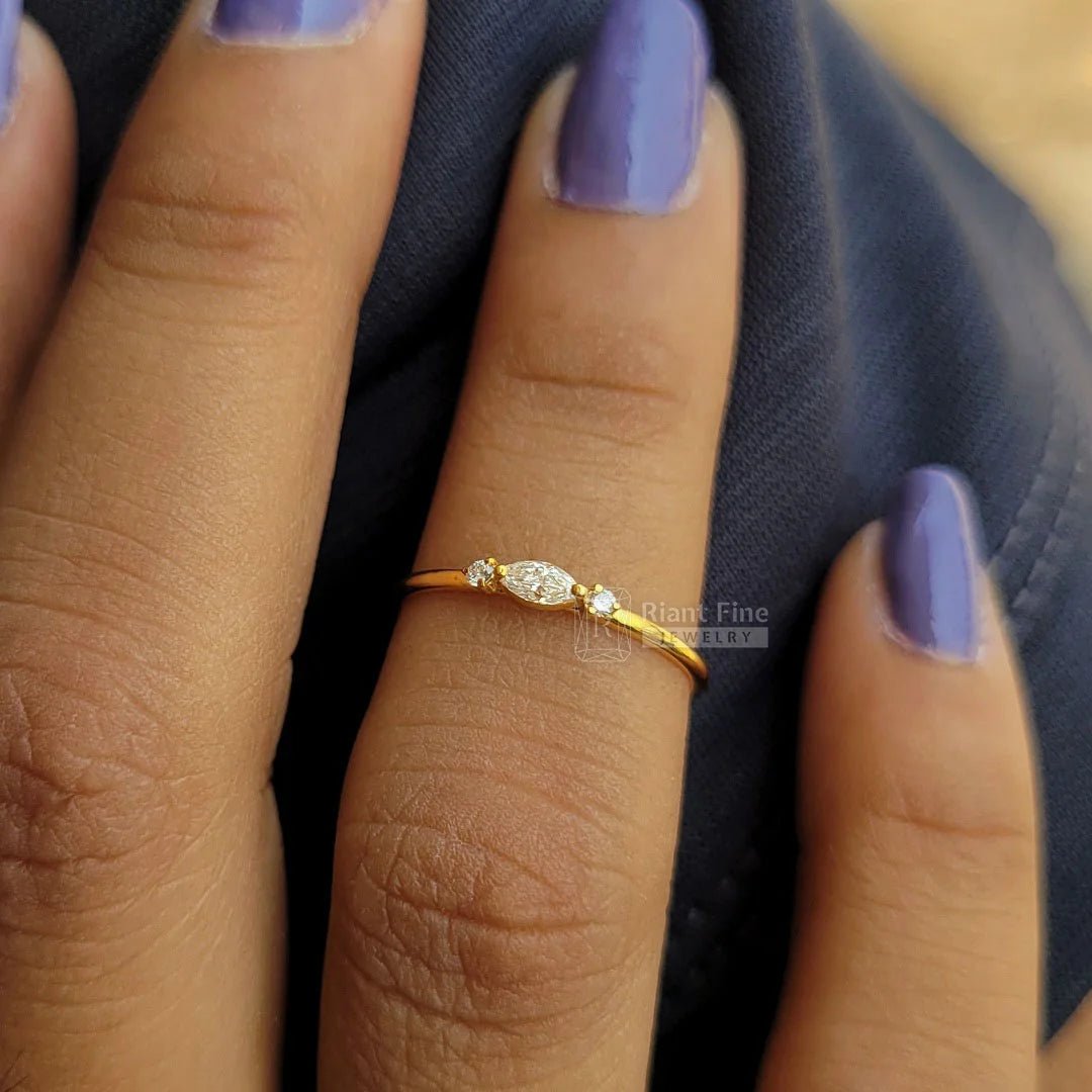 14K Gold Marquise Diamond Three Stone Dainty Ring - Riant Fine Jewelry