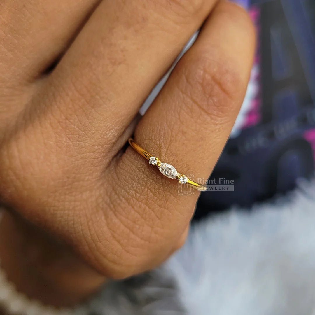 14K Gold Marquise Diamond Three Stone Dainty Ring - Riant Fine Jewelry