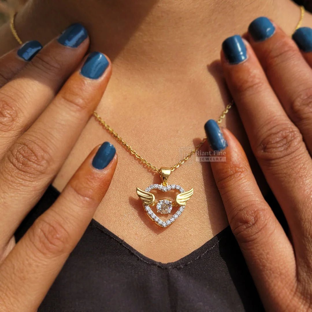 14K Gold Round Moissanite Angle Wings Heart Necklace - Riant Fine Jewelry