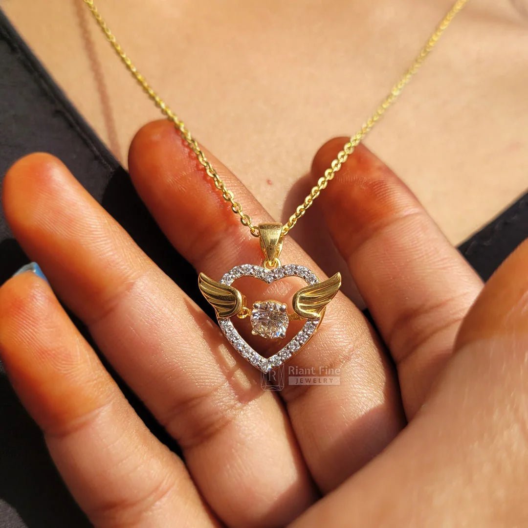 14K Gold Round Moissanite Angle Wings Heart Necklace - Riant Fine Jewelry