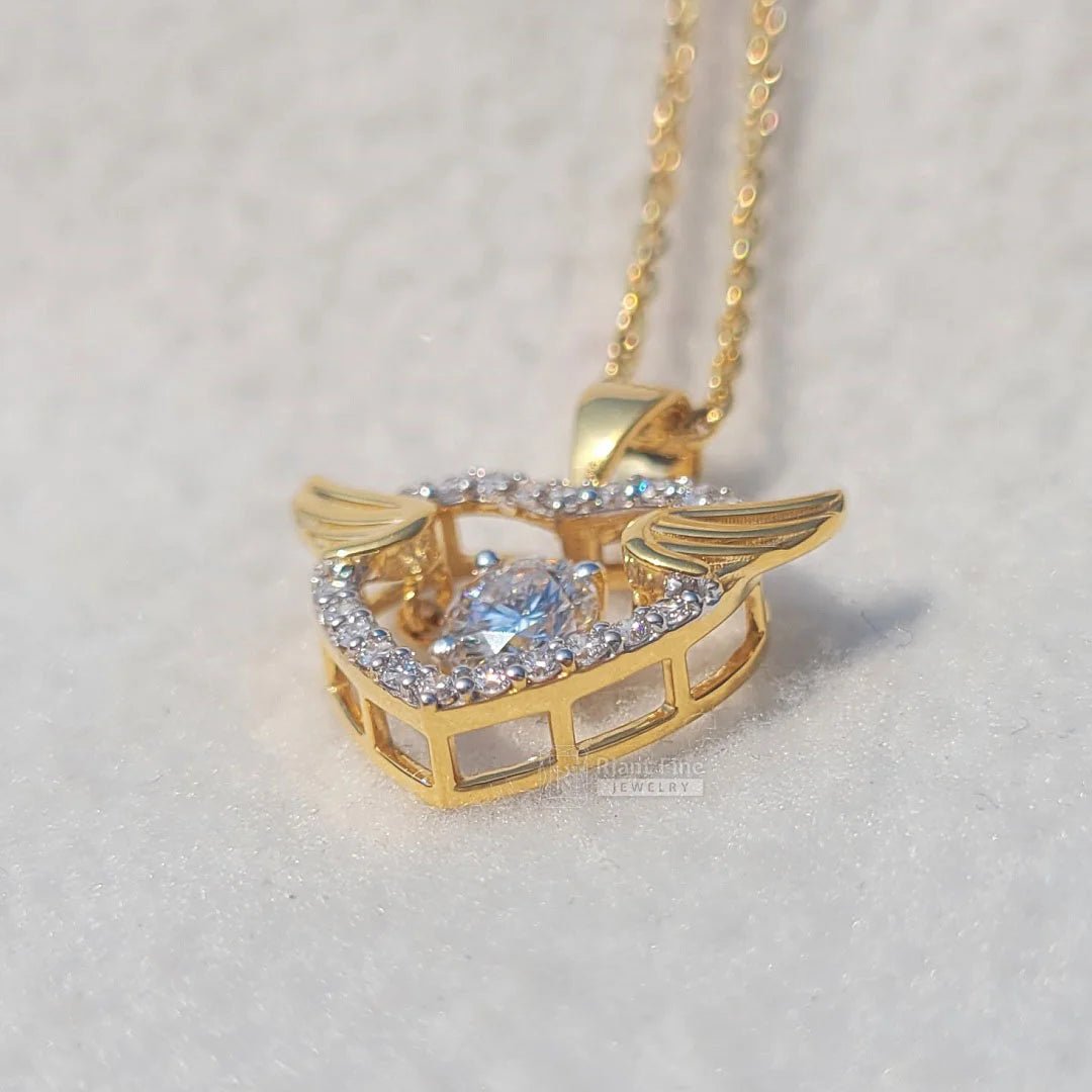 14K Gold Round Moissanite Angle Wings Heart Necklace - Riant Fine Jewelry
