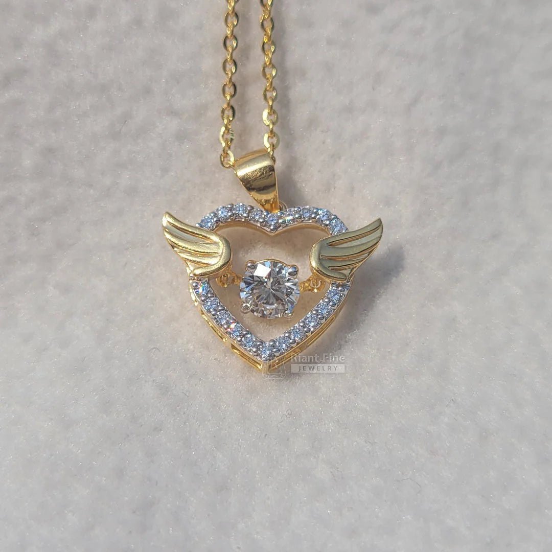 14K Gold Round Moissanite Angle Wings Heart Necklace - Riant Fine Jewelry