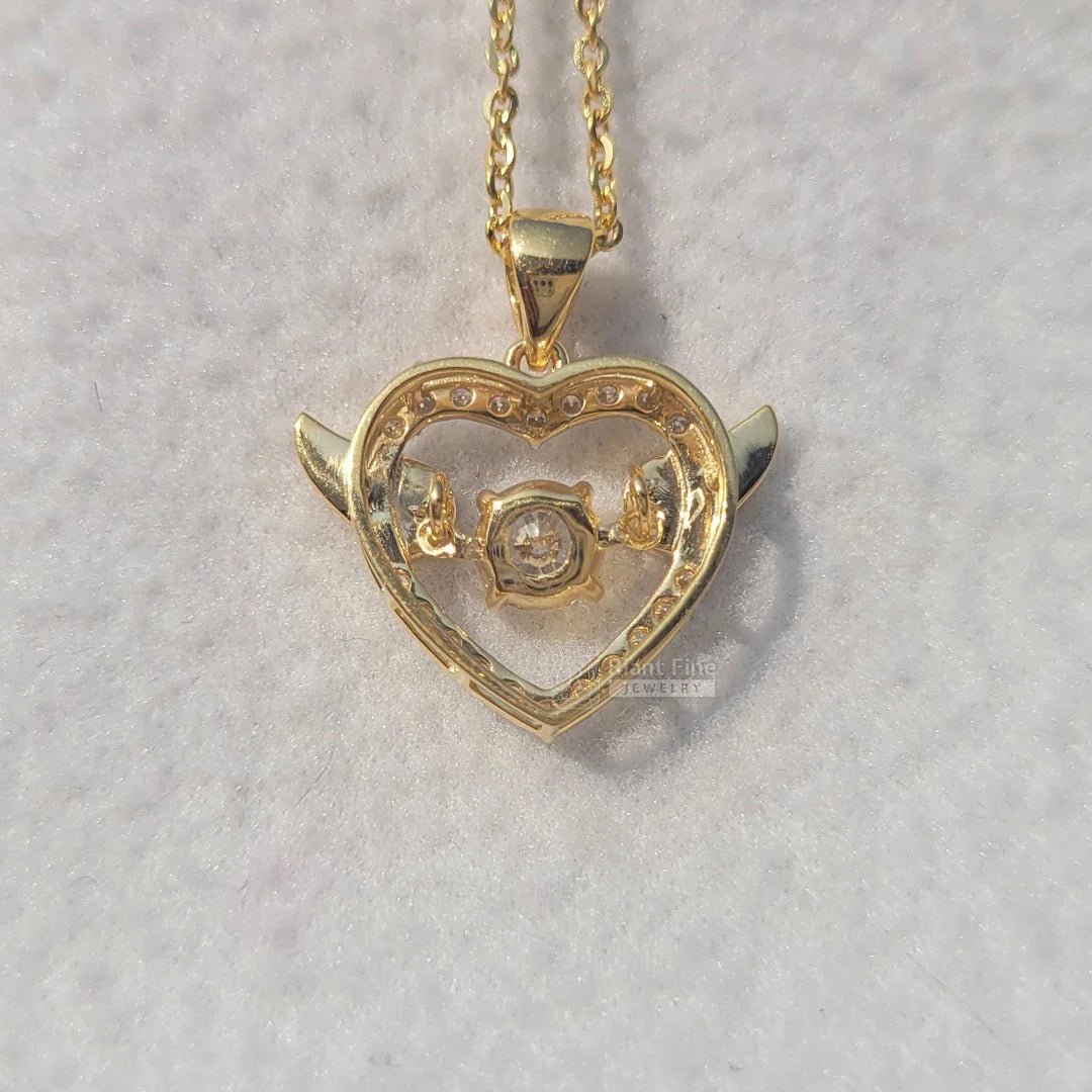 14K Gold Round Moissanite Angle Wings Heart Necklace - Riant Fine Jewelry