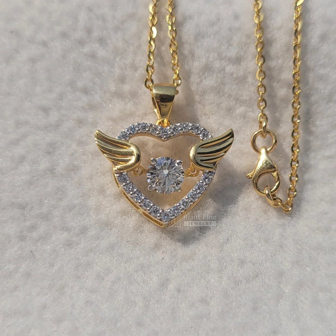 14K Gold Round Moissanite Angle Wings Heart Necklace - Riant Fine Jewelry