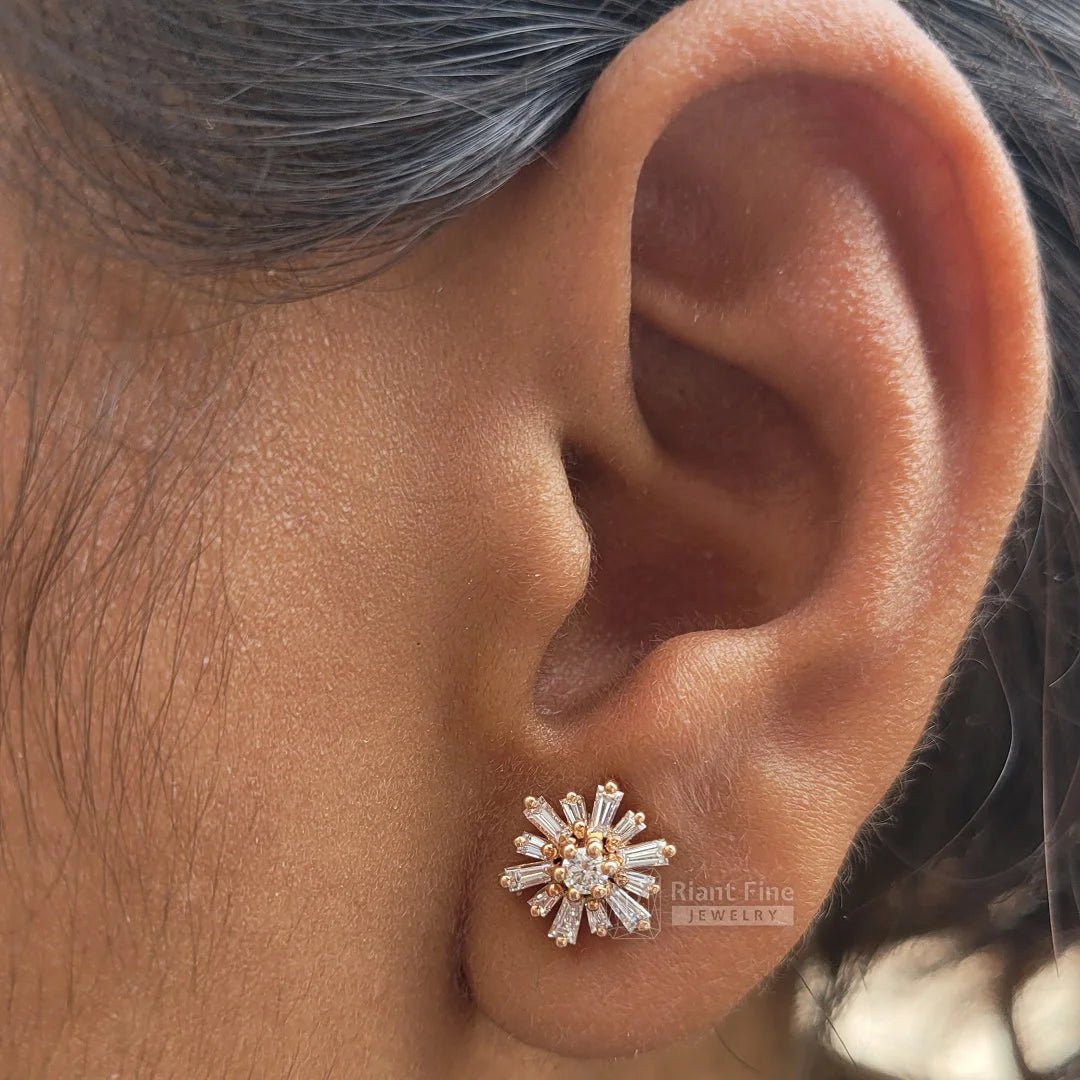 14K Rose Gold Baguette Diamond Stud Brust Stud Earrings - Riant Fine Jewelry