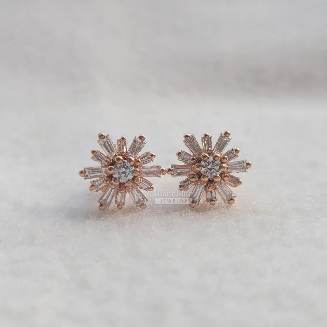 14K Rose Gold Baguette Diamond Stud Brust Stud Earrings - Riant Fine Jewelry