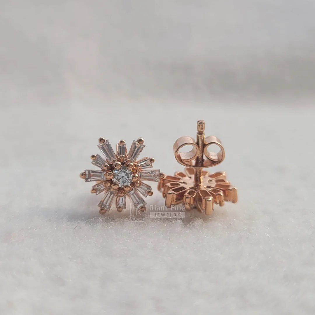 14K Rose Gold Baguette Diamond Stud Brust Stud Earrings - Riant Fine Jewelry