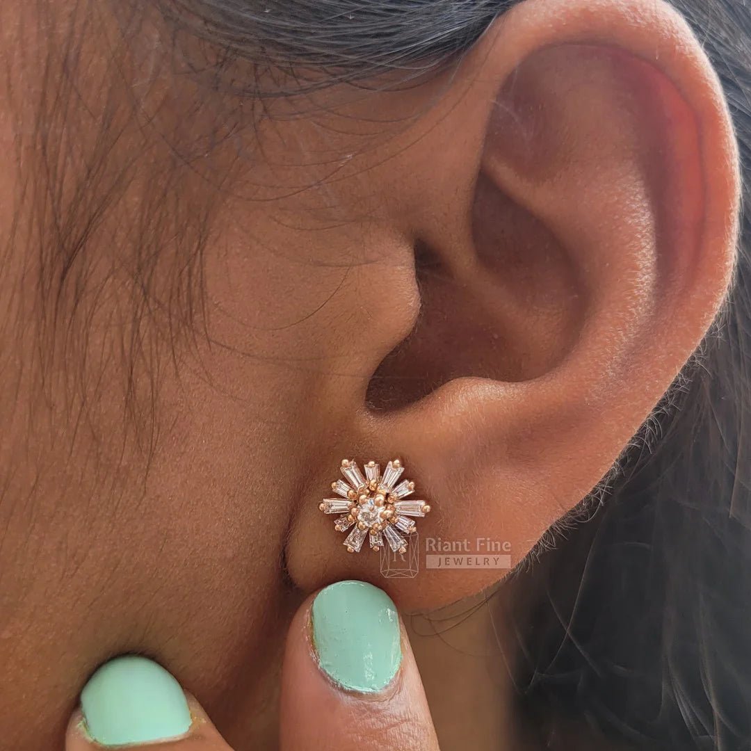 14K Rose Gold Baguette Diamond Stud Brust Stud Earrings - Riant Fine Jewelry