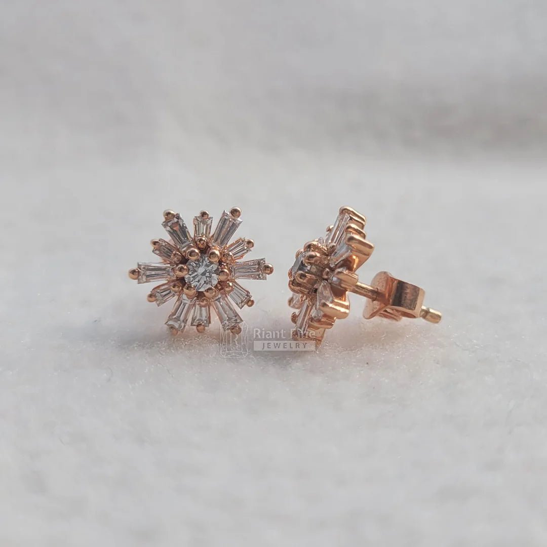 14K Rose Gold Baguette Diamond Stud Brust Stud Earrings - Riant Fine Jewelry
