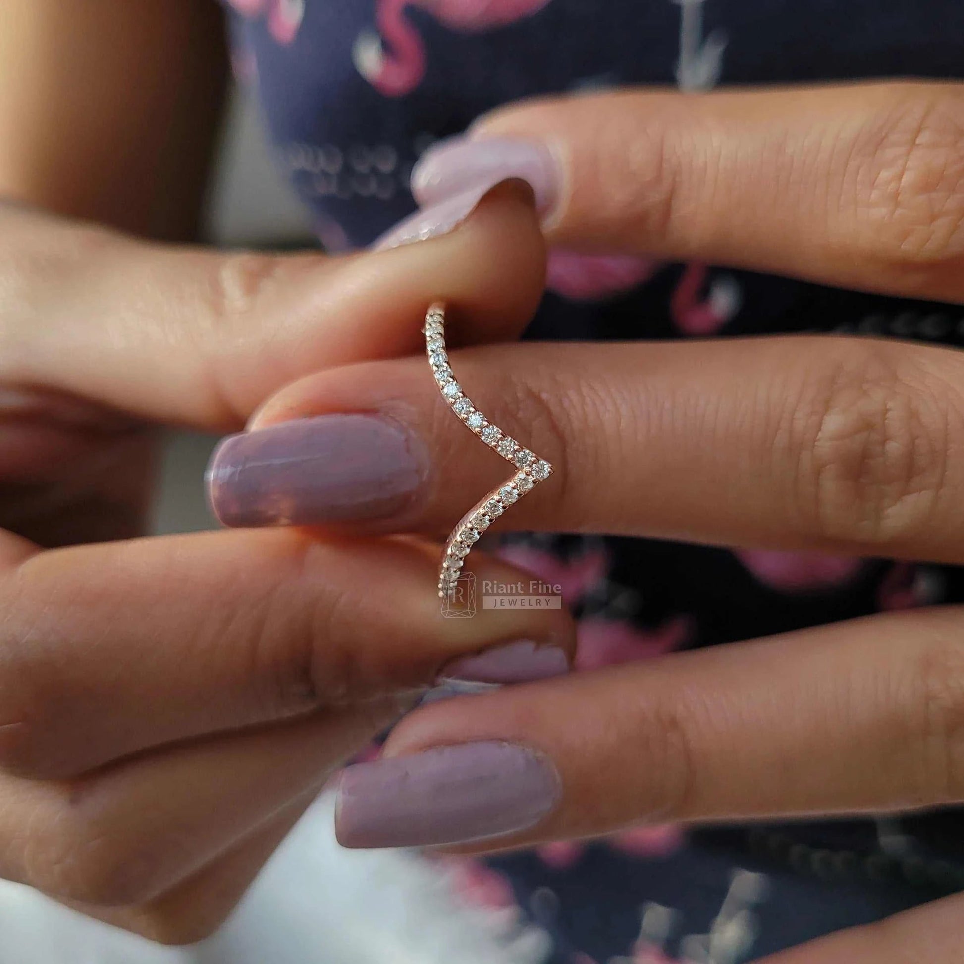 14K Rose Gold Curved Wedding Bands with Diamonds - Riant Fine Jewelry LLC