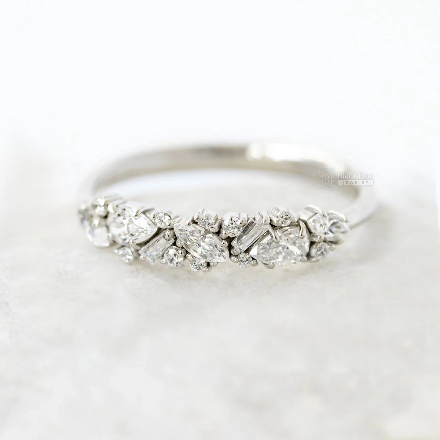 14K Solid Gold Multi Stone Half Eternity Wedding Band - Riant Fine Jewelry LLC