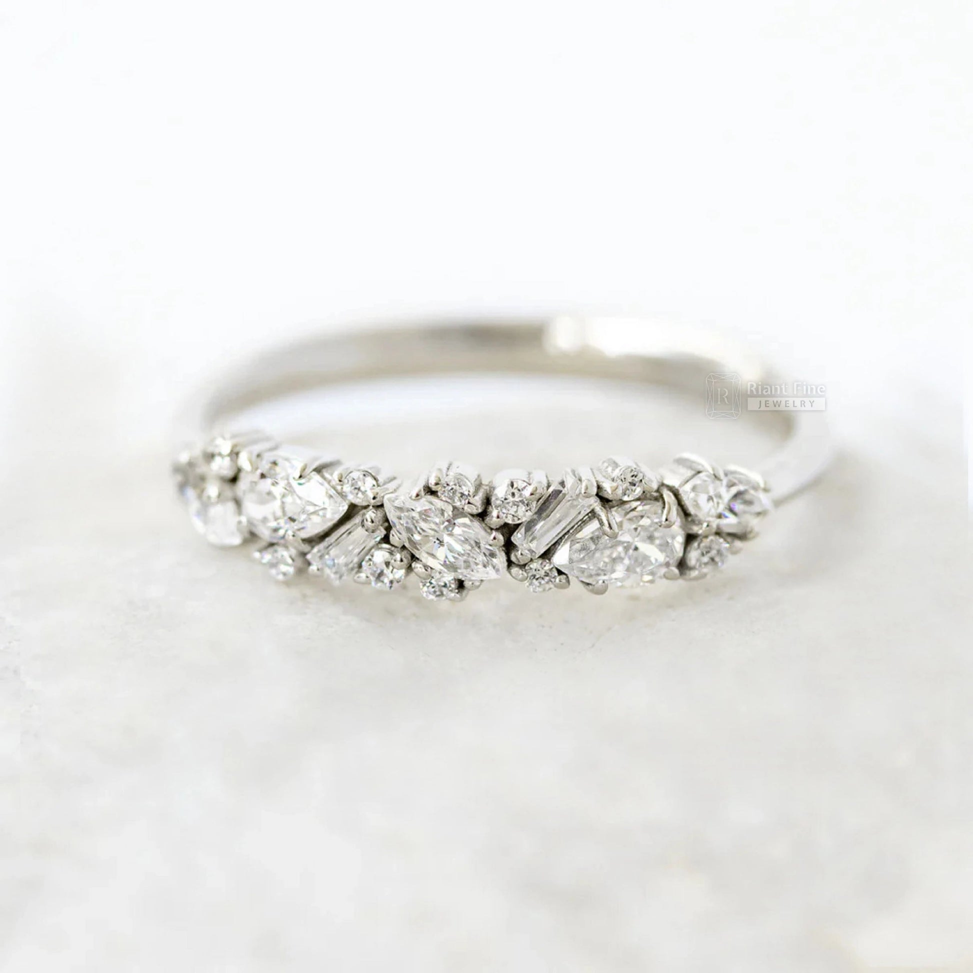14K Solid Gold Multi Stone Half Eternity Wedding Band - Riant Fine Jewelry LLC