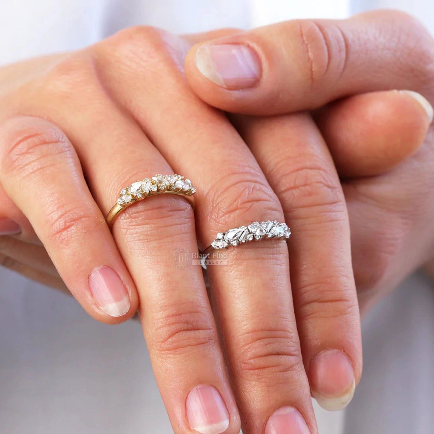 14K Solid Gold Multi Stone Half Eternity Wedding Band - Riant Fine Jewelry LLC