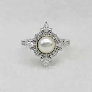 14K White Gold Pearl Halo Diamond Engagement Ring