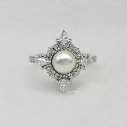 14K White Gold Pearl Halo Diamond Engagement Ring - Riant Fine Jewelry LLC