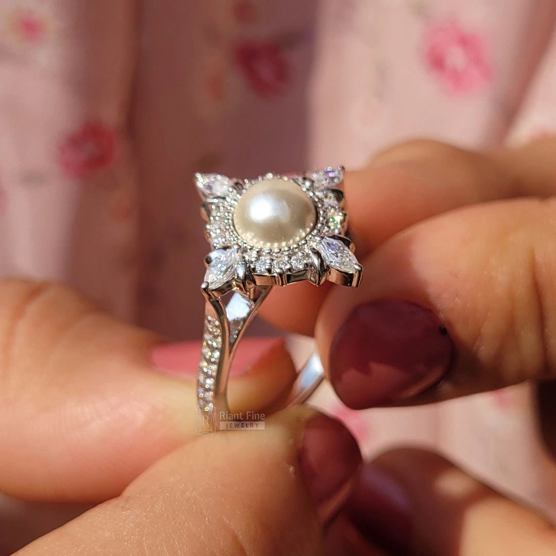 14K White Gold Pearl Halo Diamond Engagement Ring - Riant Fine Jewelry LLC
