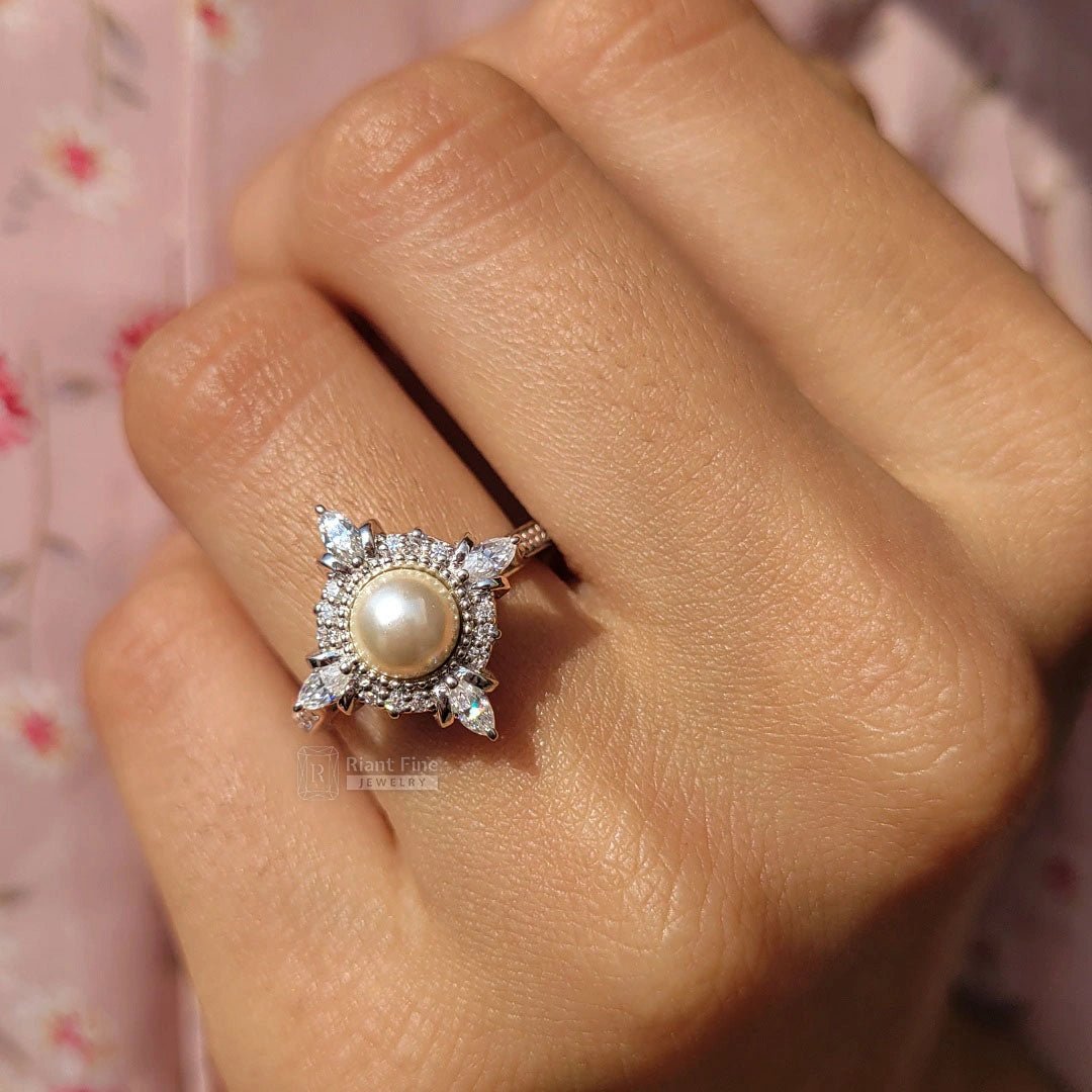 14K White Gold Pearl Halo Diamond Engagement Ring - Riant Fine Jewelry LLC