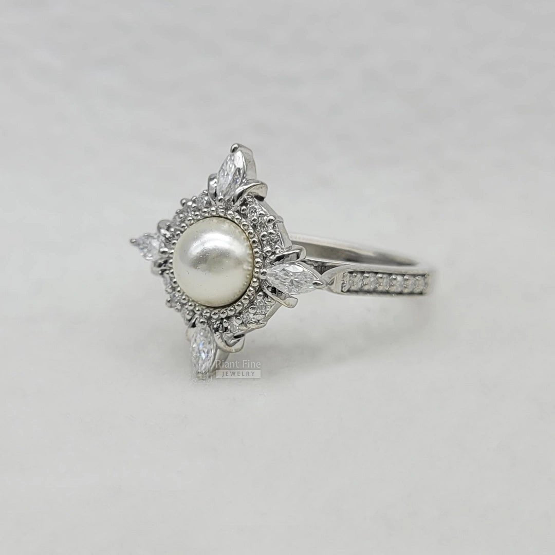 14K White Gold Pearl Halo Diamond Engagement Ring - Riant Fine Jewelry LLC