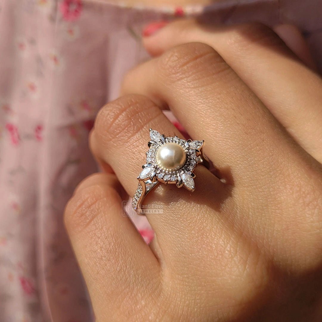 14K White Gold Pearl Halo Diamond Engagement Ring - Riant Fine Jewelry LLC