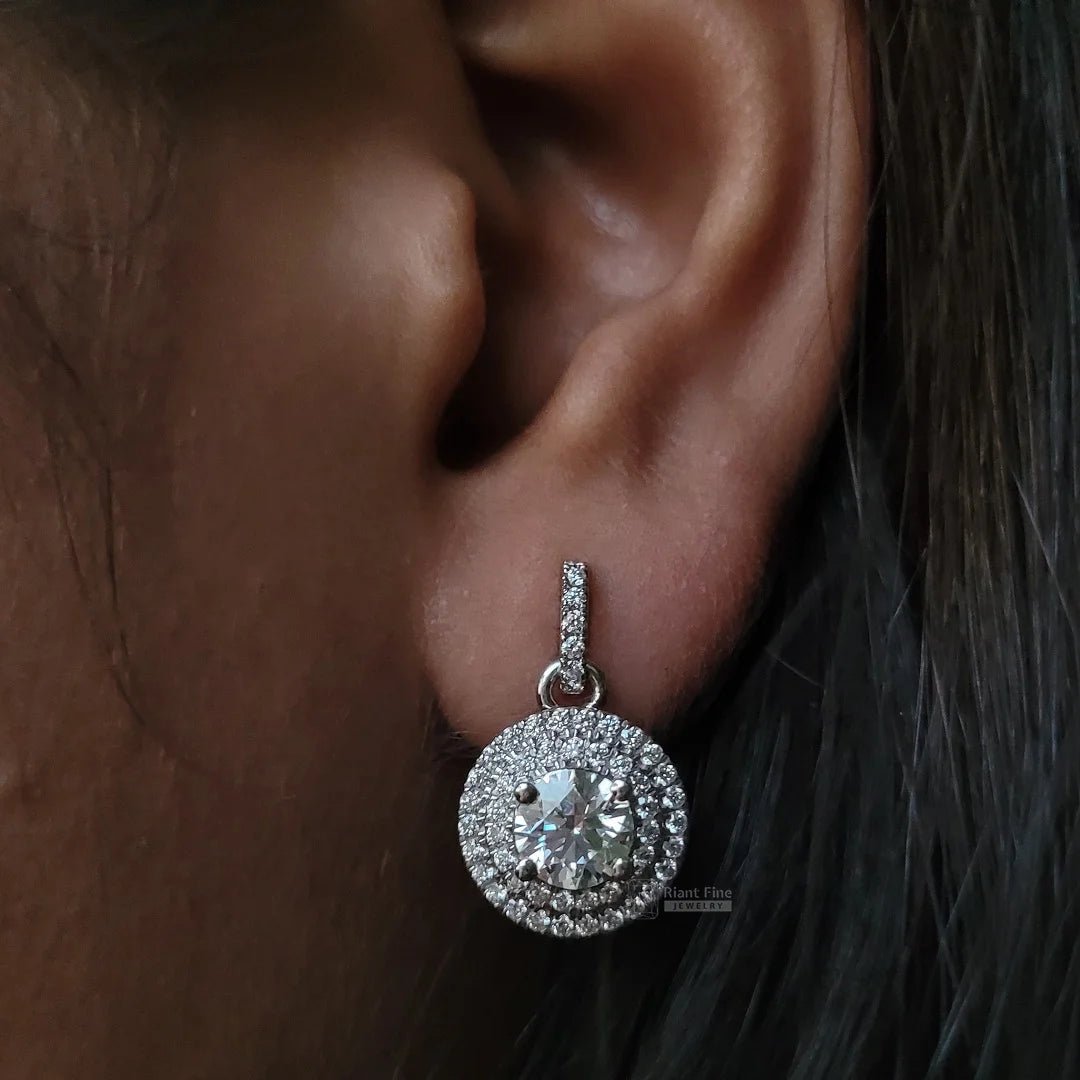 14K White Gold Round Diamond Dangle Drop Earrings - Riant Fine Jewelry