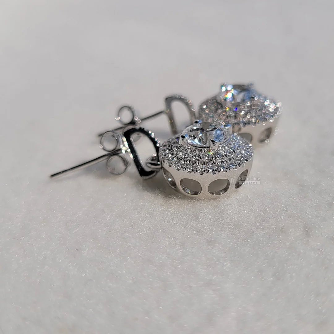 14K White Gold Round Diamond Dangle Drop Earrings - Riant Fine Jewelry