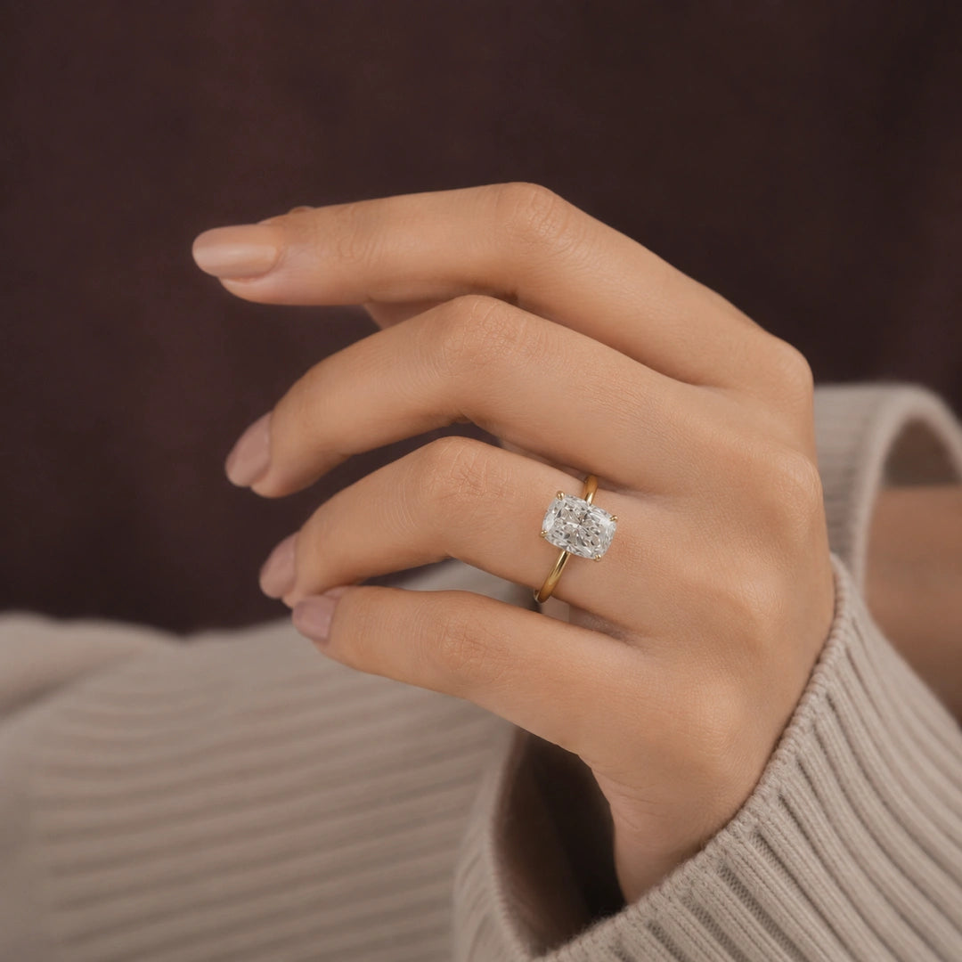 Hidden halo elongated cushion cut diamond ring in 14K gold
