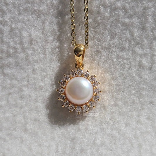 14K Yellow Gold Pearl & Moissanite Halo Pendant - Riant Fine Jewelry