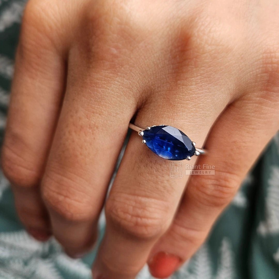 1.5 Ct East West Marquise Blue Sapphire Engagement Ring - Riant Fine Jewelry