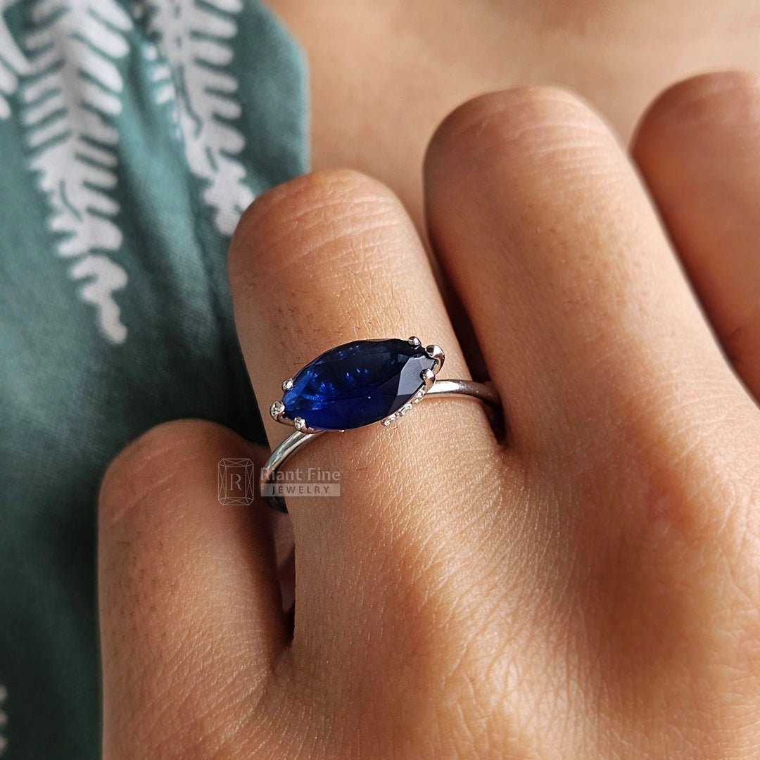 1.5 Ct East West Marquise Blue Sapphire Engagement Ring - Riant Fine Jewelry