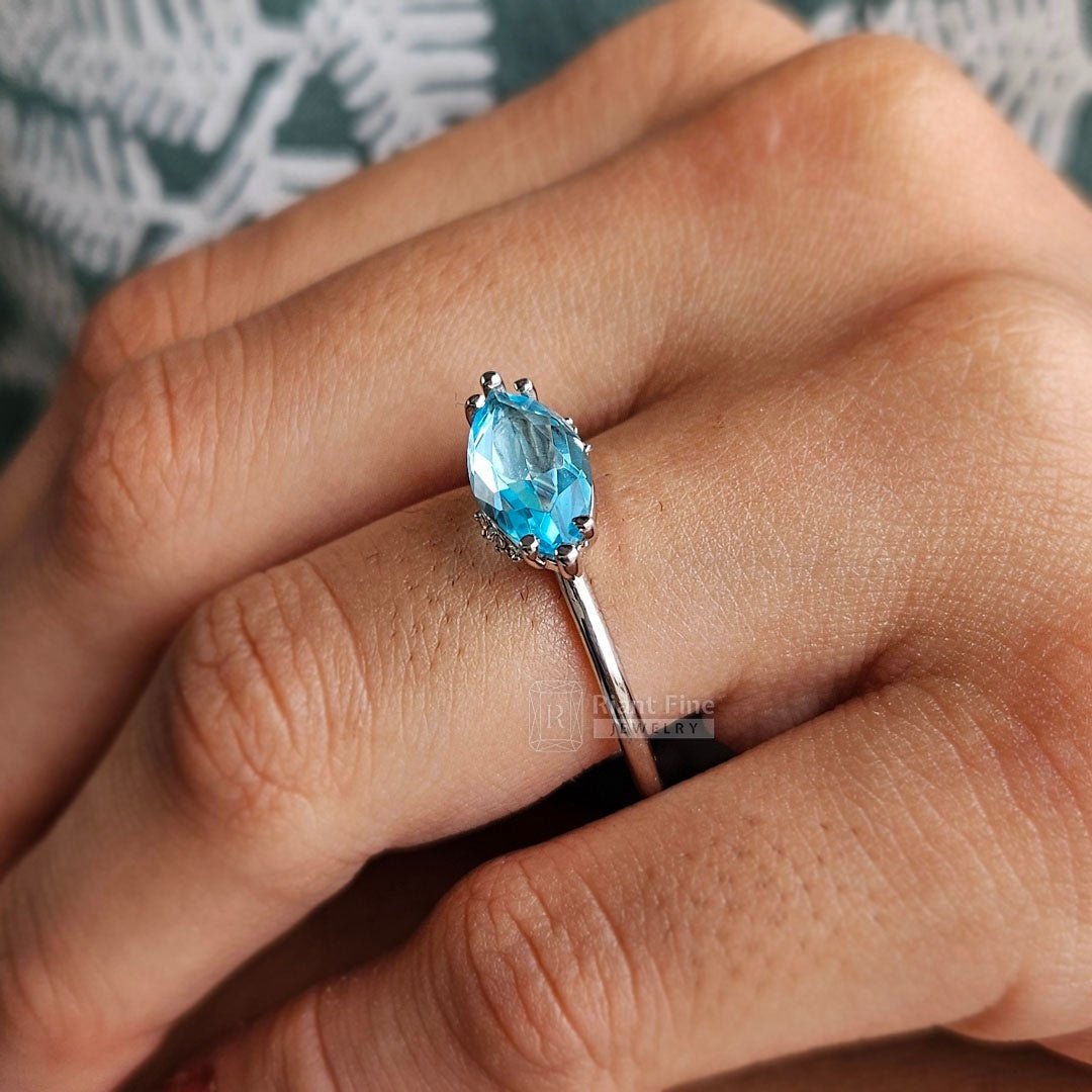 1.5 Ct East West Marquise Cut Aquamarine Engagement Ring - Riant Fine Jewelry