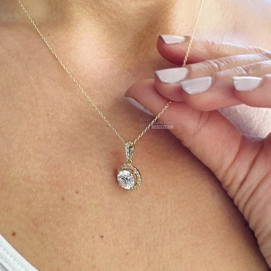 1.5 Ct Round Cut Halo Moissanite Pendant 14K Gold - Riant Fine Jewelry