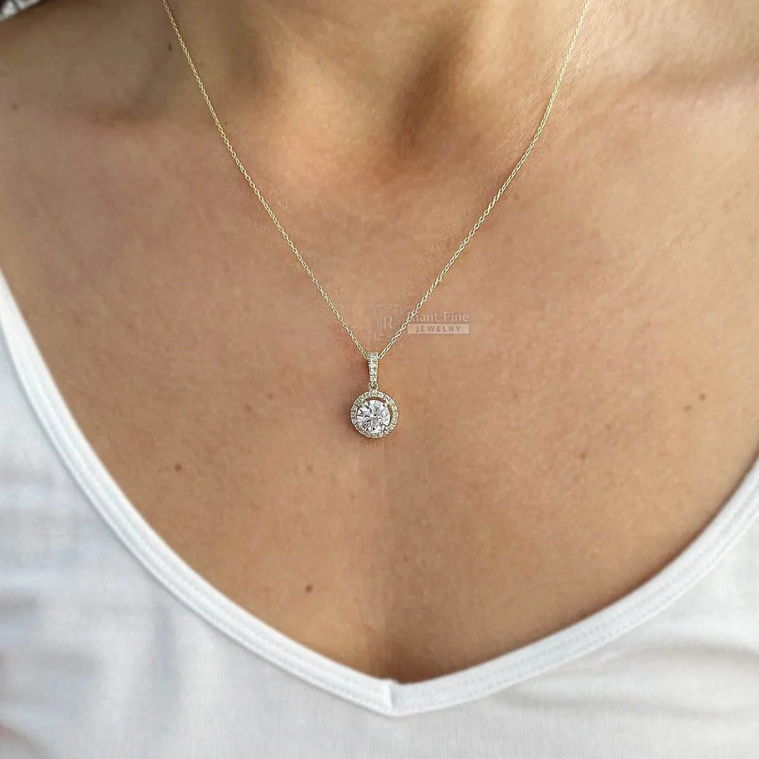 1.5 Ct Round Cut Halo Moissanite Pendant 14K Gold - Riant Fine Jewelry