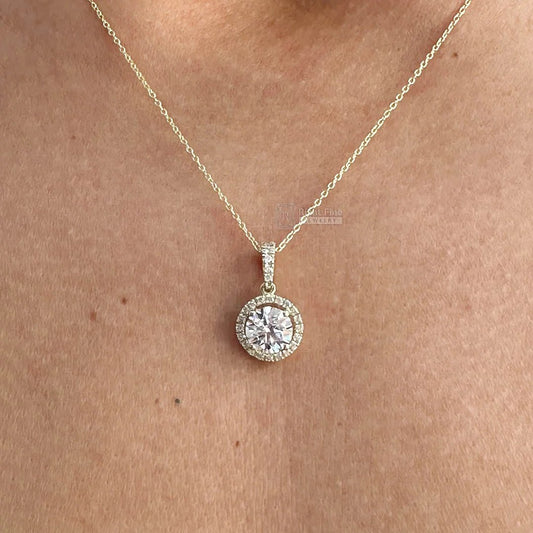 1.5 Ct Round Cut Halo Moissanite Pendant 14K Gold - Riant Fine Jewelry