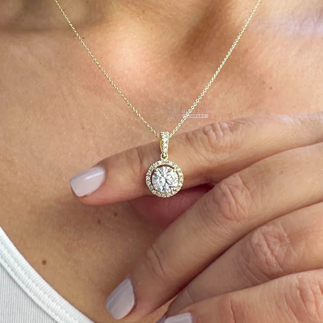 1.5 Ct Round Cut Halo Moissanite Pendant 14K Gold - Riant Fine Jewelry