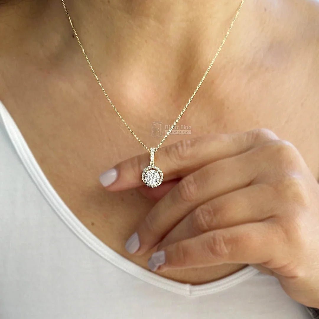 1.5 Ct Round Cut Halo Moissanite Pendant 14K Gold - Riant Fine Jewelry