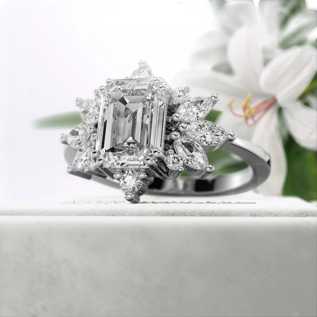 1.75 Ct Emerald Cut Diamond Cluster Engagement Ring - Riant Fine Jewelry