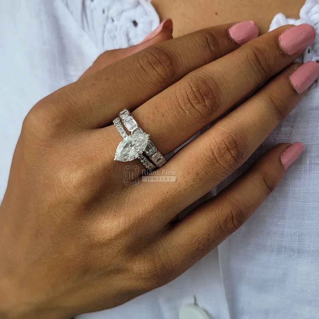 2 Carat Marquise Moissanite Vintage Wedding Ring Set - Riant Fine Jewelry LLC