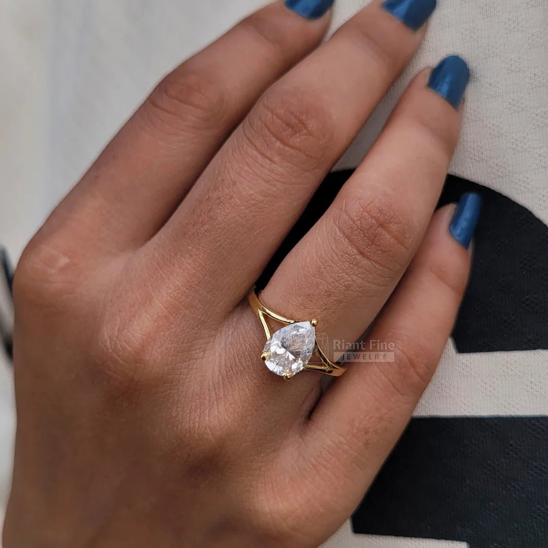 2 Carat Pear Cut Lab Diamond Split Shank Gold Engagement Ring - Riant Fine Jewelry LLC