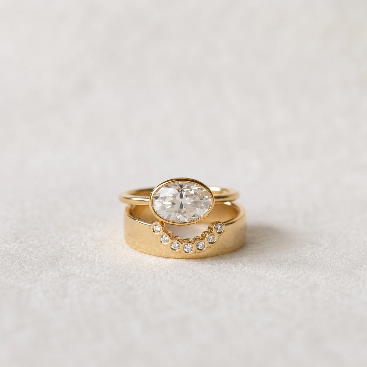 2 Ct East West Oval Bezel Lab Grown Diamond Engagement Ring in 14K Yellow Gold - Riant Fine Jewelry LLC