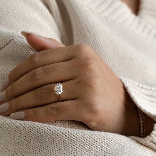 2 Ct East West Oval Bezel Lab Grown Diamond Engagement Ring in 14K Yellow Gold - Riant Fine Jewelry LLC