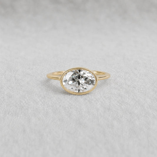 2 Ct East West Oval Bezel Lab Grown Diamond Engagement Ring in 14K Yellow Gold - Riant Fine Jewelry LLC