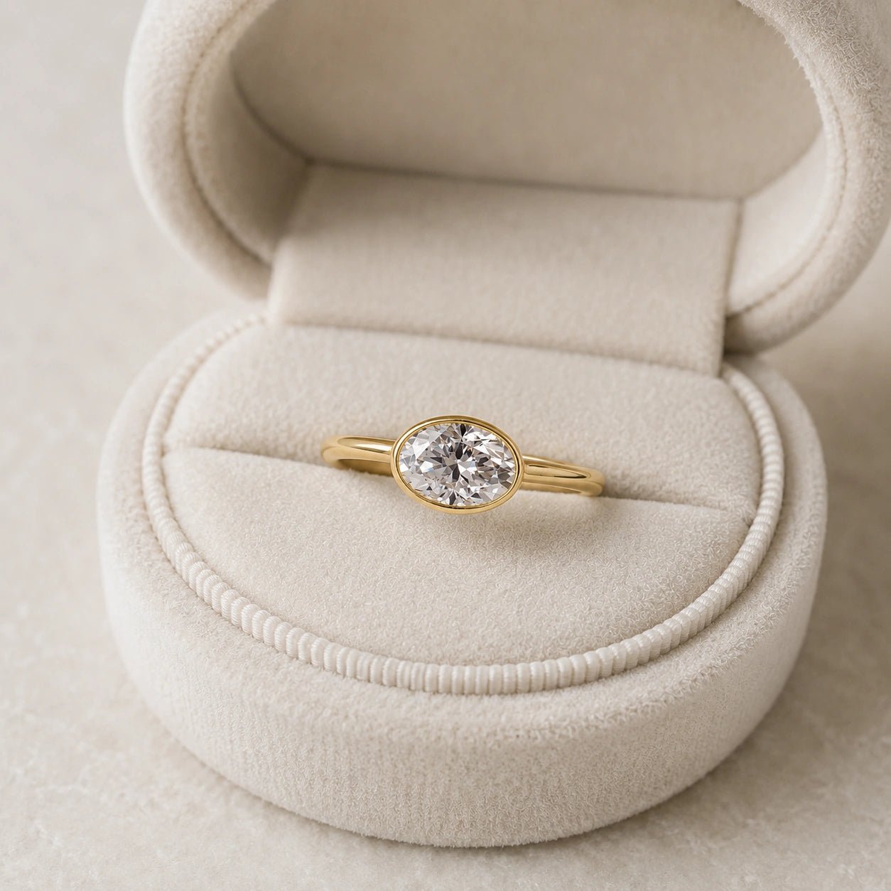 2 Ct East West Oval Bezel Lab Grown Diamond Engagement Ring in 14K Yellow Gold - Riant Fine Jewelry LLC