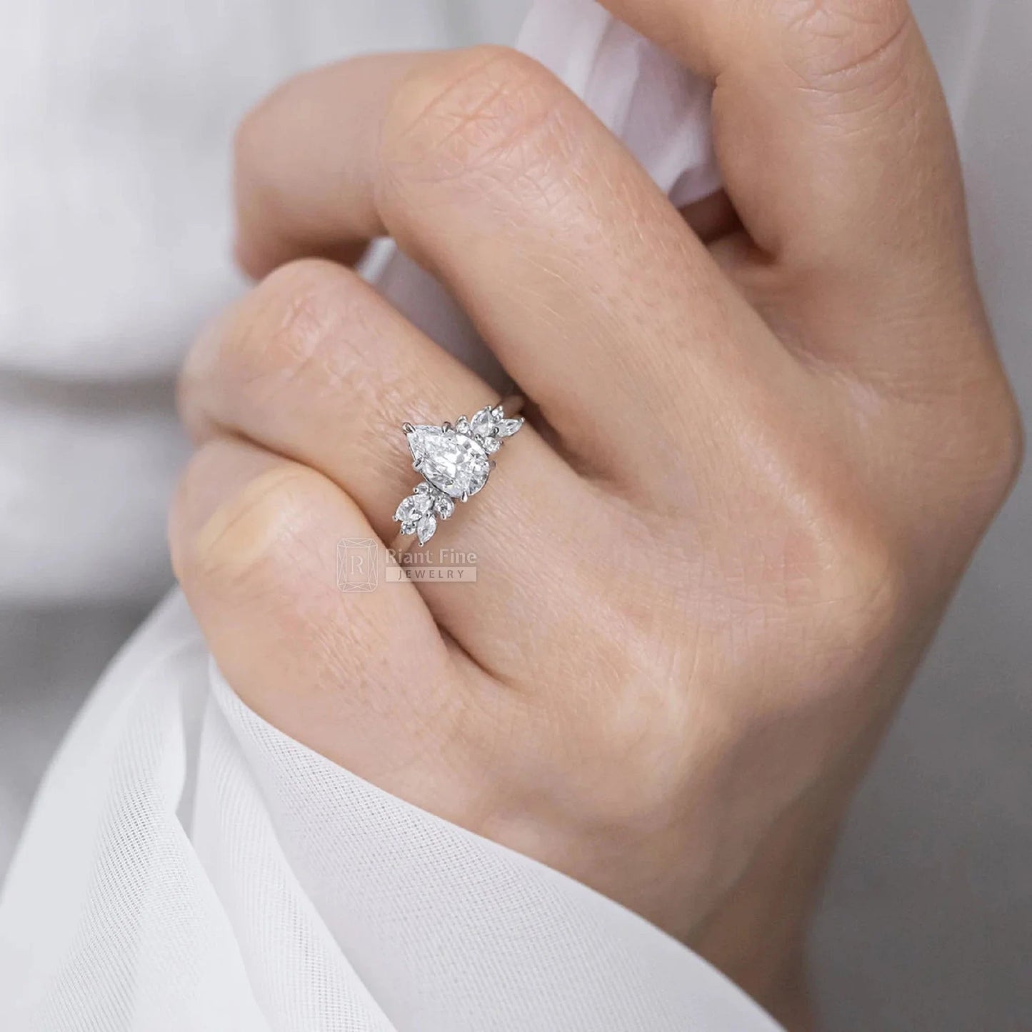 2 Ct Pear Shaped Lab Grown Diamond Cluster Engagement Ring - Riant Fine Jewelry LLC