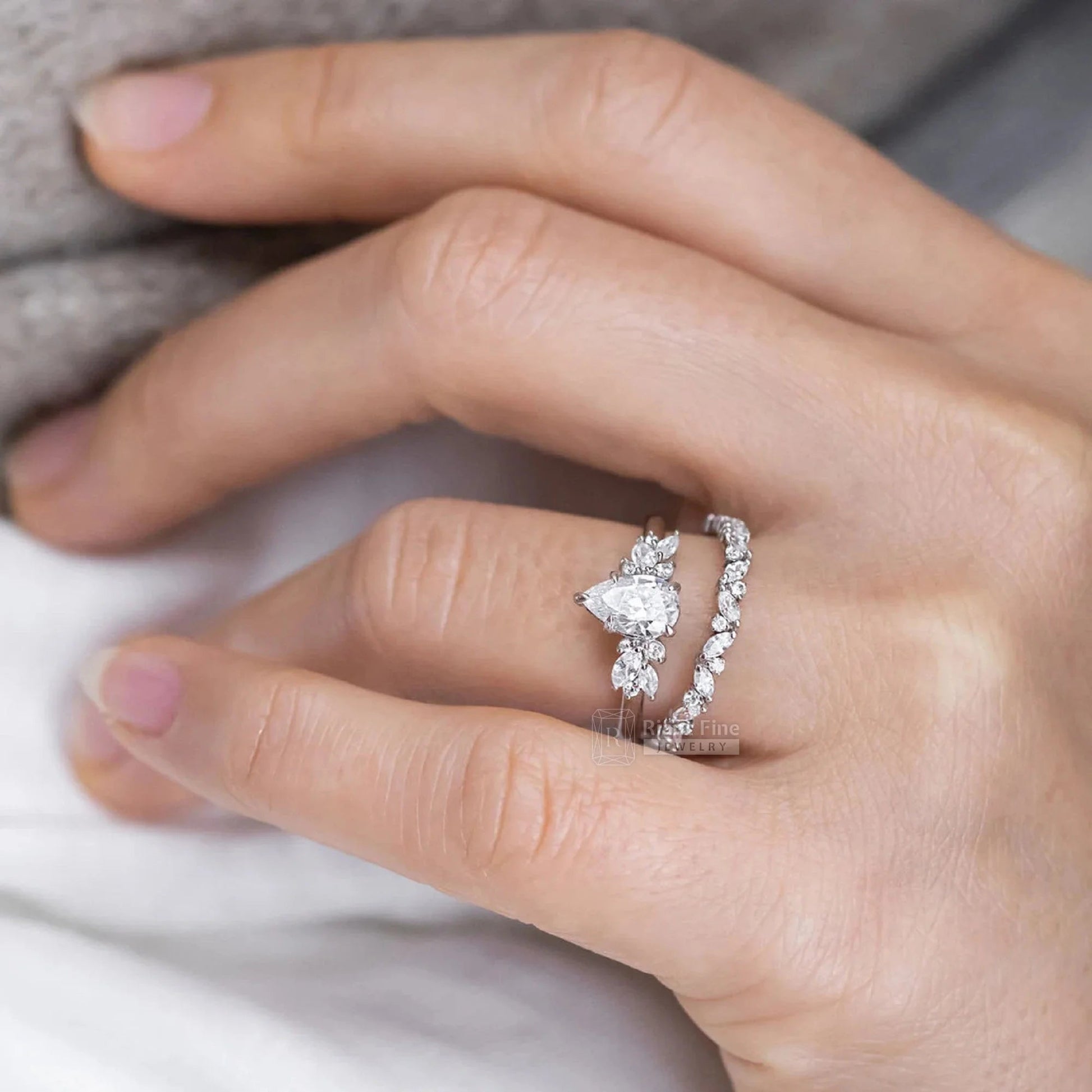 2 Ct Pear Shaped Lab Grown Diamond Cluster Engagement Ring - Riant Fine Jewelry LLC