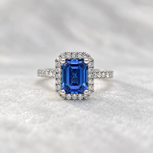 2.5 Ct Emerald Cut Blue Sapphire Engagement Ring in 14K White Gold - Riant Fine Jewelry LLC