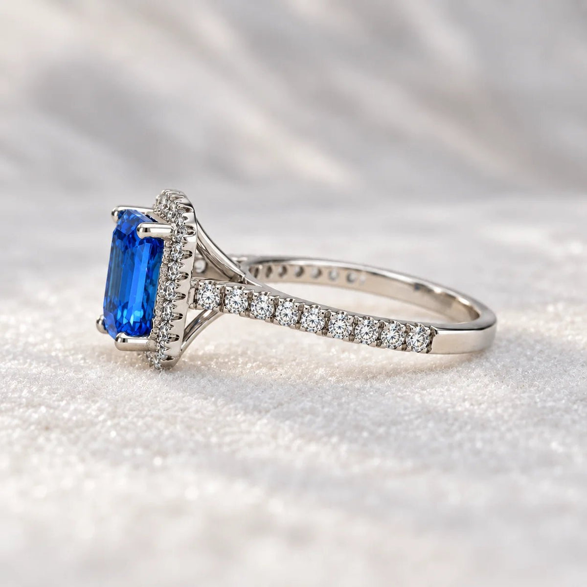 2.5 Ct Emerald Cut Blue Sapphire Engagement Ring in 14K White Gold - Riant Fine Jewelry LLC