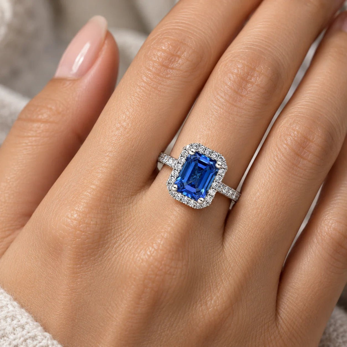 2.5 Ct Emerald Cut Blue Sapphire Engagement Ring in 14K White Gold - Riant Fine Jewelry LLC