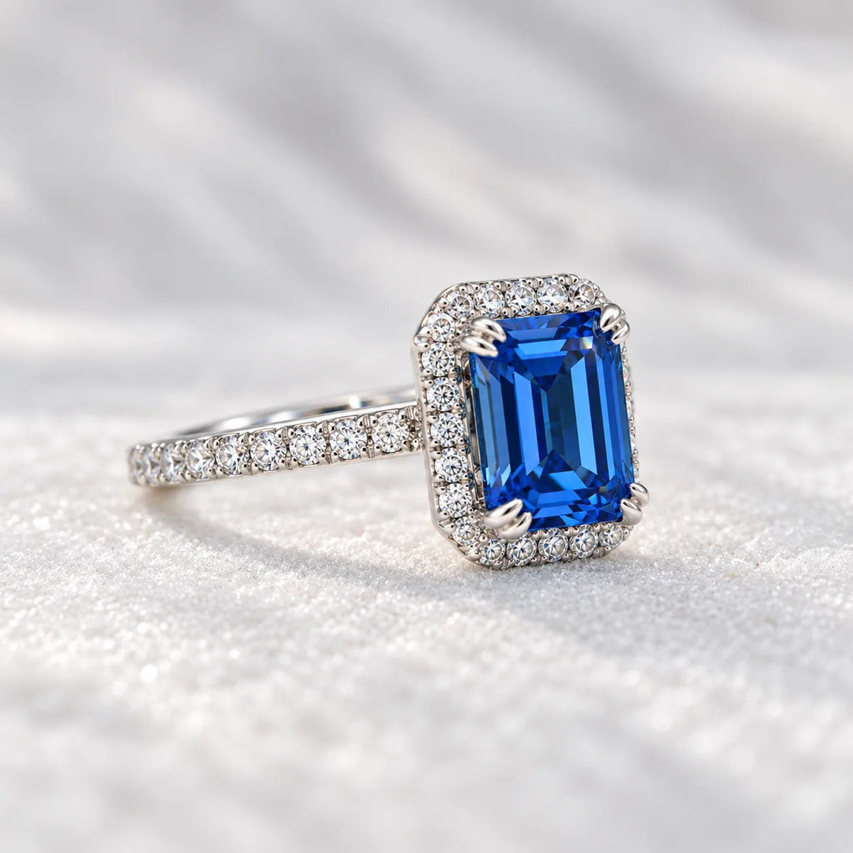 2.5 Ct Emerald Cut Blue Sapphire Engagement Ring in 14K White Gold - Riant Fine Jewelry LLC